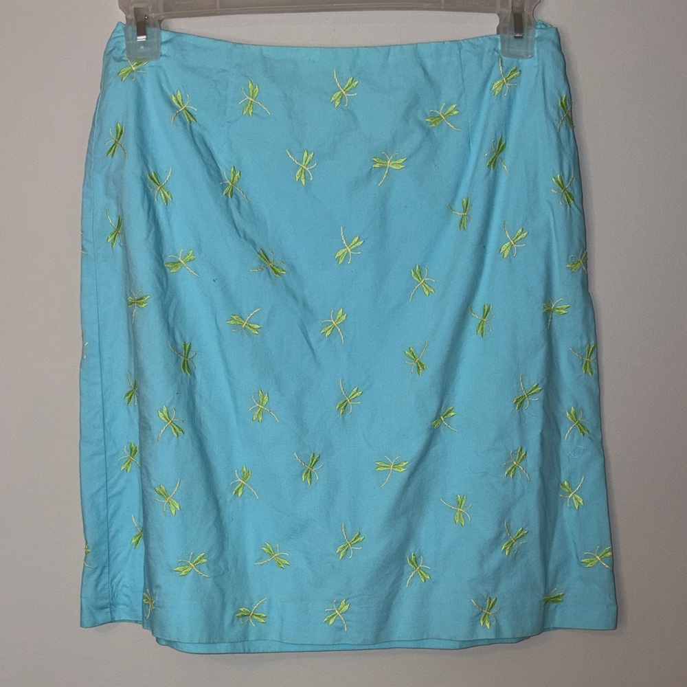 Talbots Light Blue A-Line Skirt with Lime Embroidered Dragonflies 6